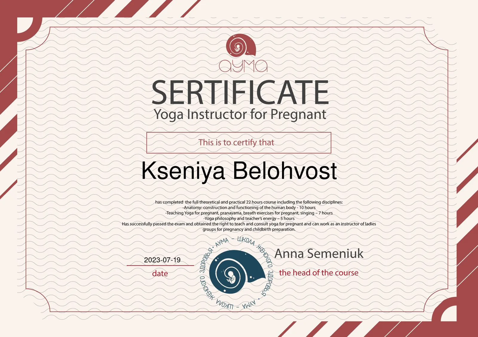 Certificado — instructora de yoga para embarazadas, AYMA